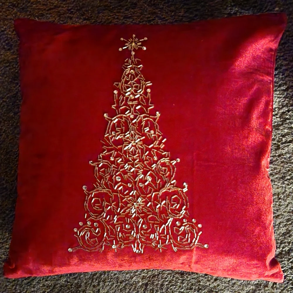 Pier 1 Imports pillow, Silver Beaded Tree on Red Velvet, NWT! 14